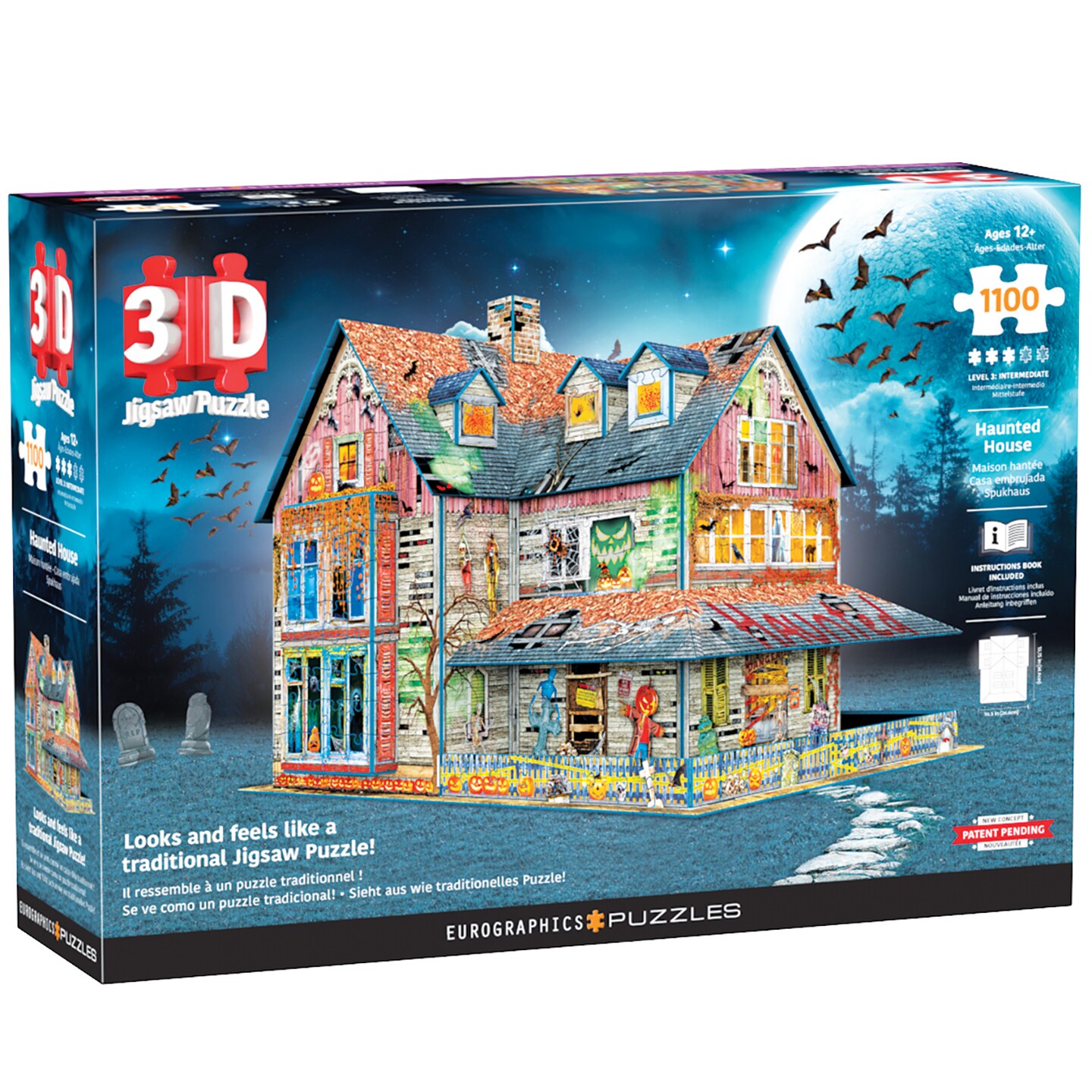 Eurographics: 3D Puzzle: Haunted House - 1100 Pieces - Halloween Adult Jigsaw, 13.75 x 10.5 x 11" Assembled Size, High-Quality Recycled Materials