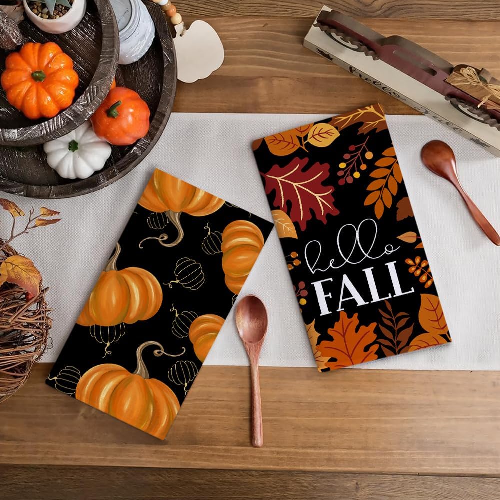Fall Thanksgiving Pumpkin Kitchen Dish Towels Set of 2