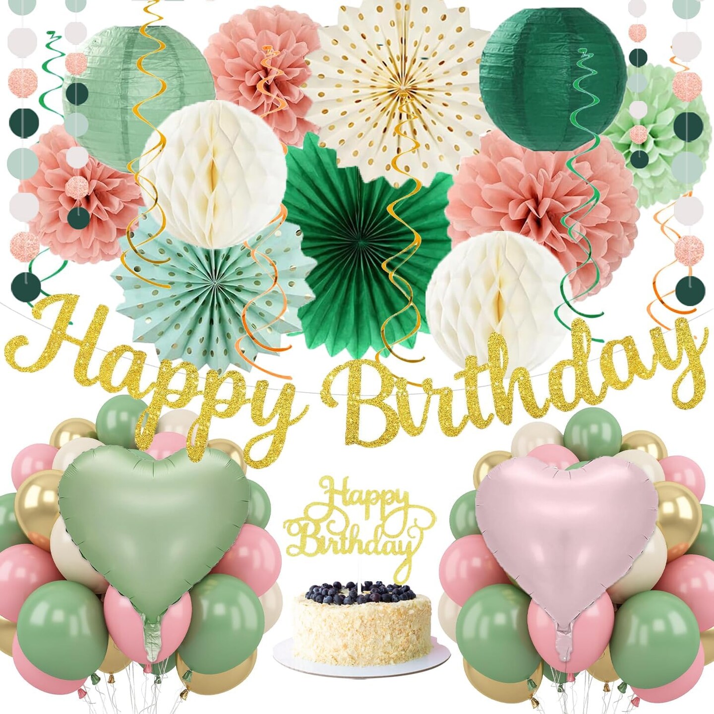62pcs Happy Birthday Banner(Pink Green Gold)9.72 x 7.72 x 1.85 inches