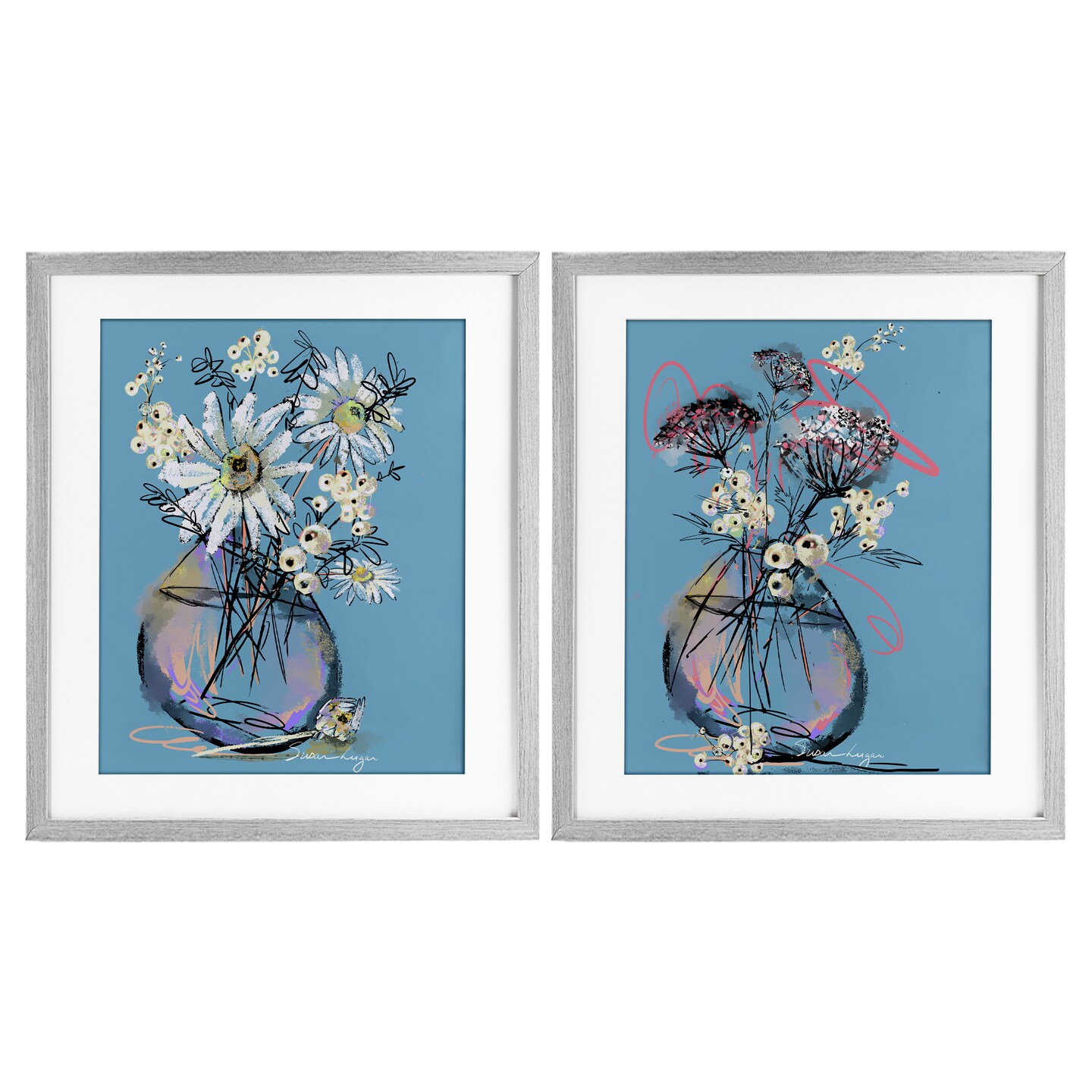 Stupell Industries Daisies & Snowberries Vase 2pc Framed Print Under Glass Set, design by Susan Lugar