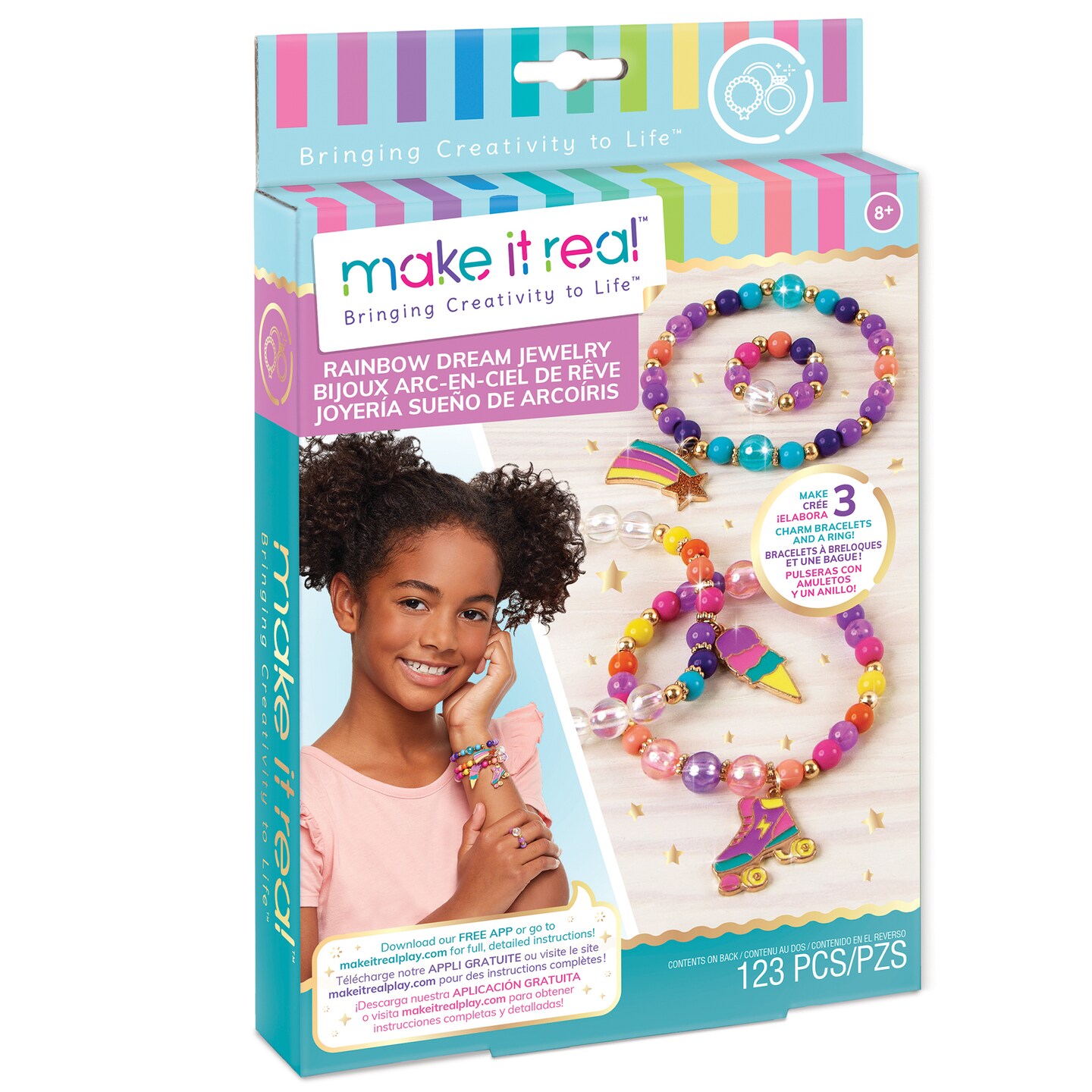 Make It Real: Rainbow Dream Jewelry Kit - Create 3 Unique Charm Bracelets &#x26; A Ring, 123 Pieces, Includes Play Tray, All-In-One, DIY Colorful Bead Jewelry Kit, Tweens &#x26; Girls, Arts &#x26; Crafts, Kids Ages 8+