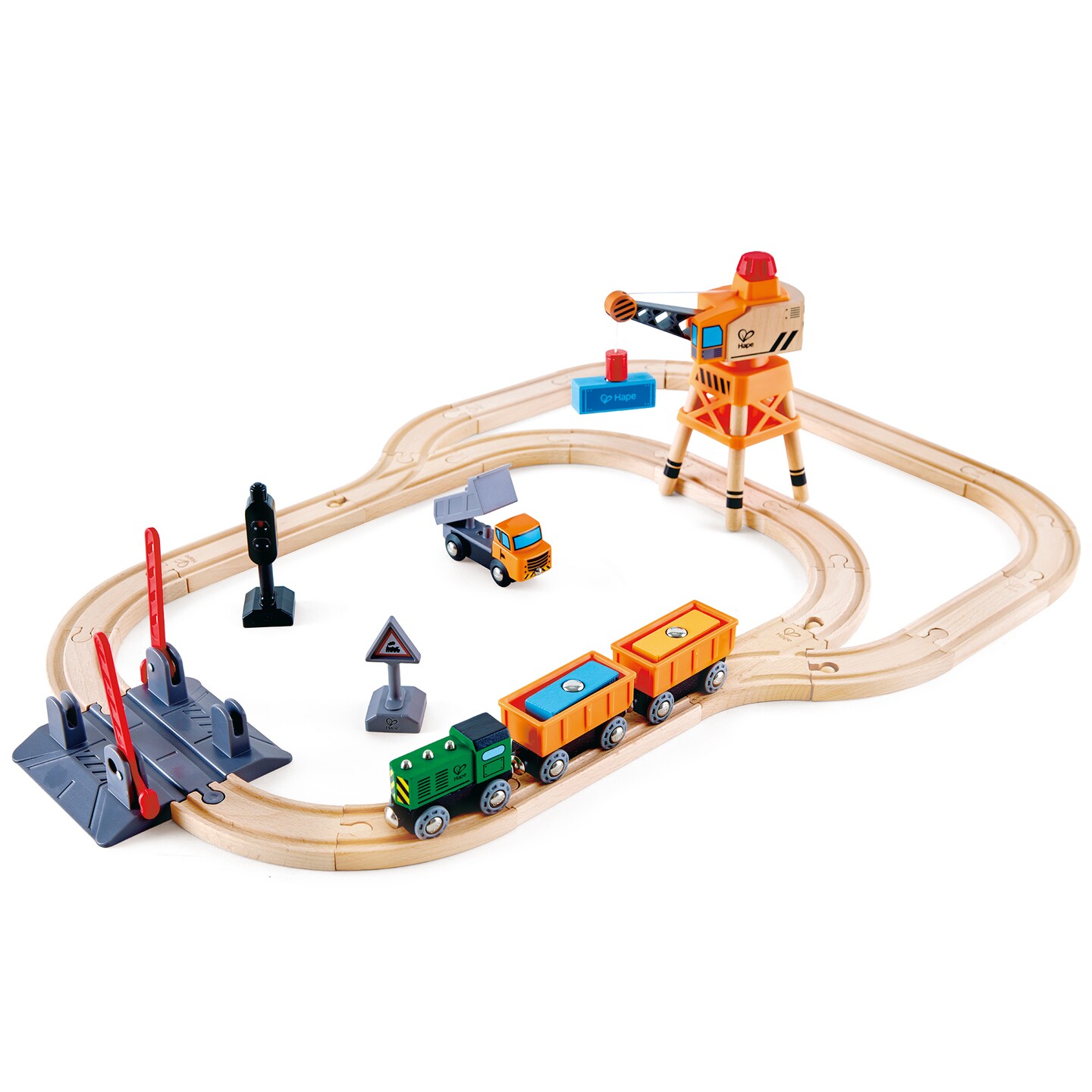 Hape: Crossing &#x26; Crane Set&#xA0;- 32pc Wooden Train Cargo Railroad Yard, Magnetic Linking Trains, Crane To Grab &#x26; Move Cargo, Accessories, Kids Ages 3+