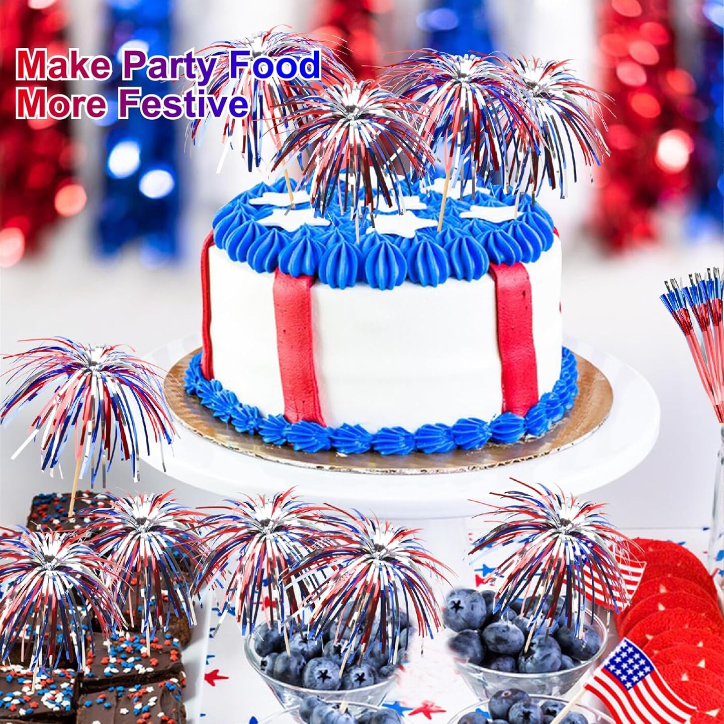 100 4th of July Cocktail Picks, 6 IN Patriotic Fireworks Toothpicks for Appetizers, Red White Blue Bamboo Skewers Sticks Cupcake Toppers for Fourth of July Party Supplies Independence Day Decorations