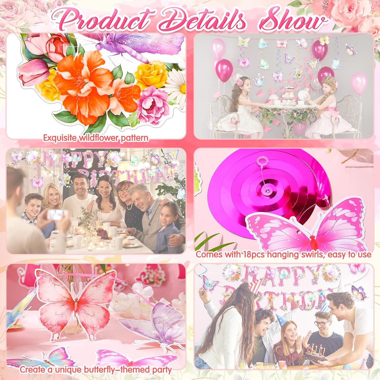 27 Pcs Butterfly Birthday Decorations for Spring Party, Butterfly Hanging Swirl Decoration