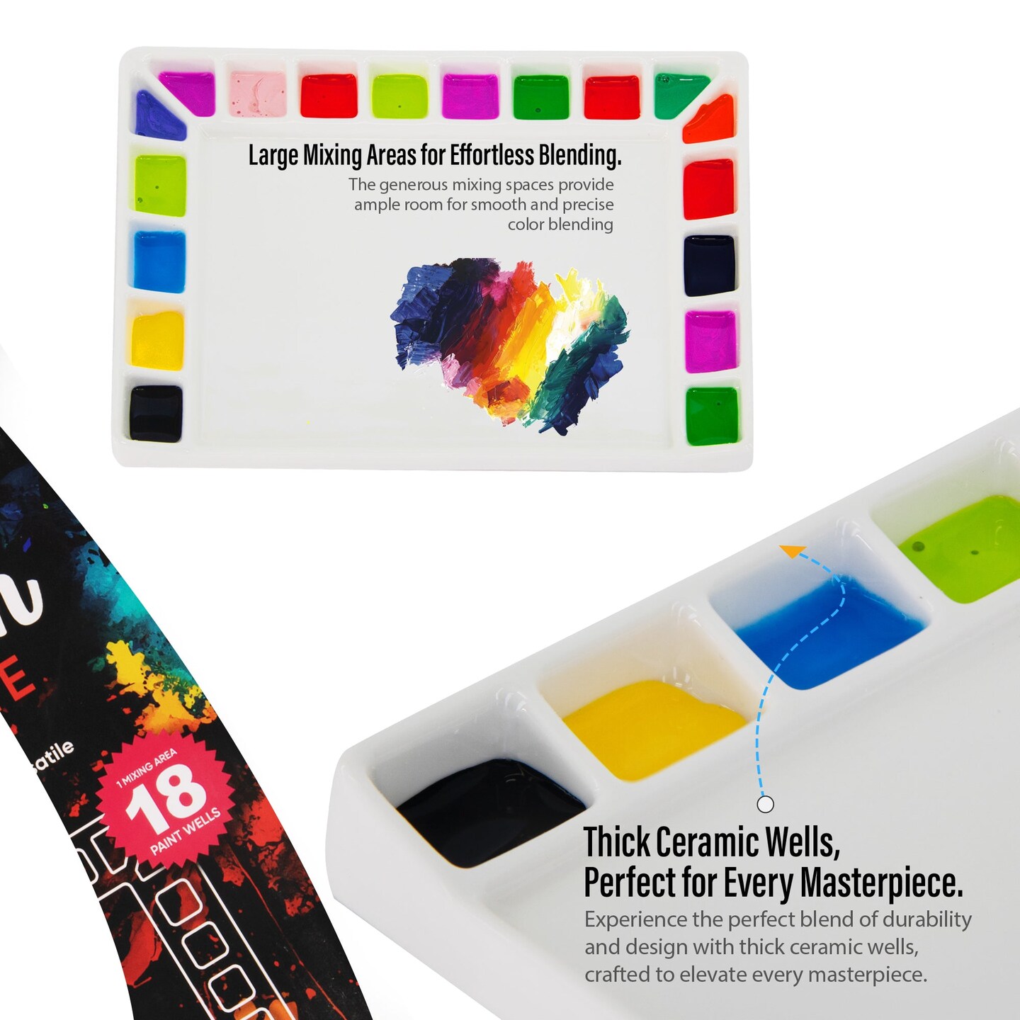 Pintar Ceramic Watercolor Paint Palette Tray - 18 -Well Ceramic Palette | Rectangle - 8&#x27;&#x27;x5.5&#x27;&#x27;x0.75&#x27;&#x27; Paint Pallet | Durable Watercolor Palette Tray for Acrylic, Oil, Gouache &#x26; All Water-Based Paints