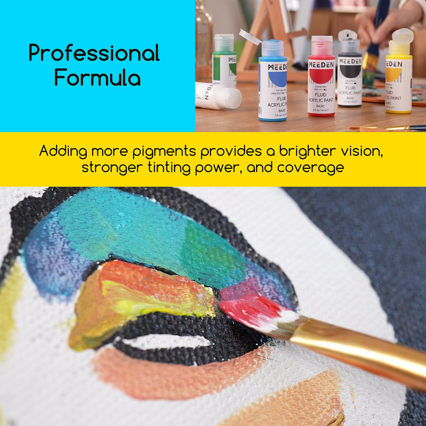 MEEDEN Fluid Acrylic Paint Set, 6 Vibrant Colors/Bottles (2 oz, 60 ml), Rich Pigments, Non-Toxic High Flow Acrylic Paints for Artists, Adults, Kids, Beginners, Art Supplies for Canvas Painting