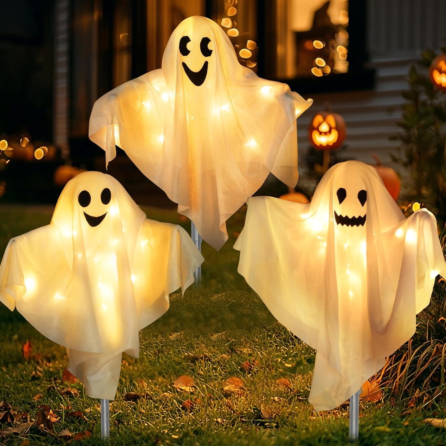 2 Pack Halloween Hanging Ghost Decorations Outdoor – Cute White Hanging Ghosts for Kids, Waterproof Halloween Decor for Garden, Trees, Porch, and Lawn