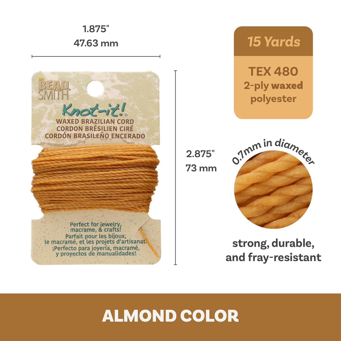 The Beadsmith Waxed Brazilian Cord, 0.7 mm Diameter, Light Wax, 15 Yards (13.7 m)