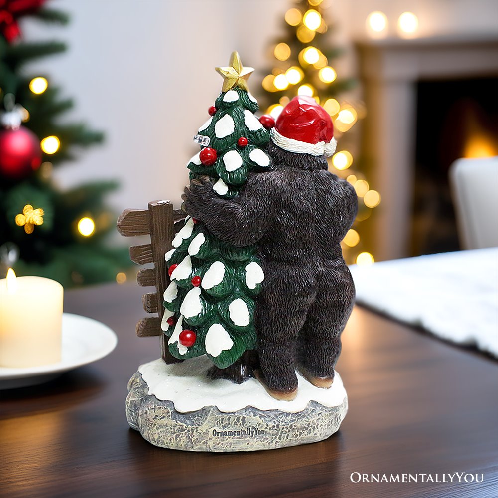 Whimsical Bigfoot Behind Christmas Tree Figurine, 7.5&#x22; Funny Holiday Yeti LED Statue, He Sees You When You&#x27;re Sleeping