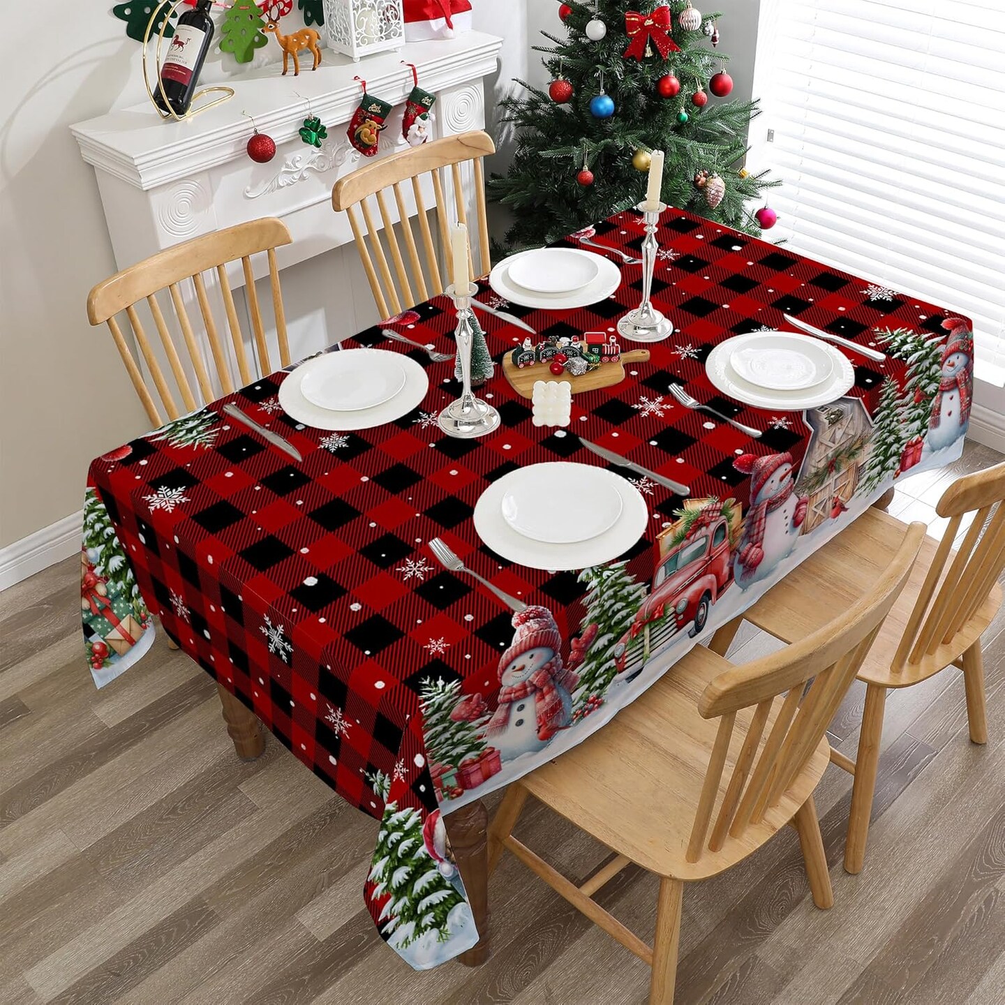 Christmas Tablecloth 60x84 Inches for Rectangle Tables - Red Plaid Christmas Decor for Table - Snowman Water Resistant Xmas Table Cloth, Chrismtas Party Decorations for Kitchen, Home