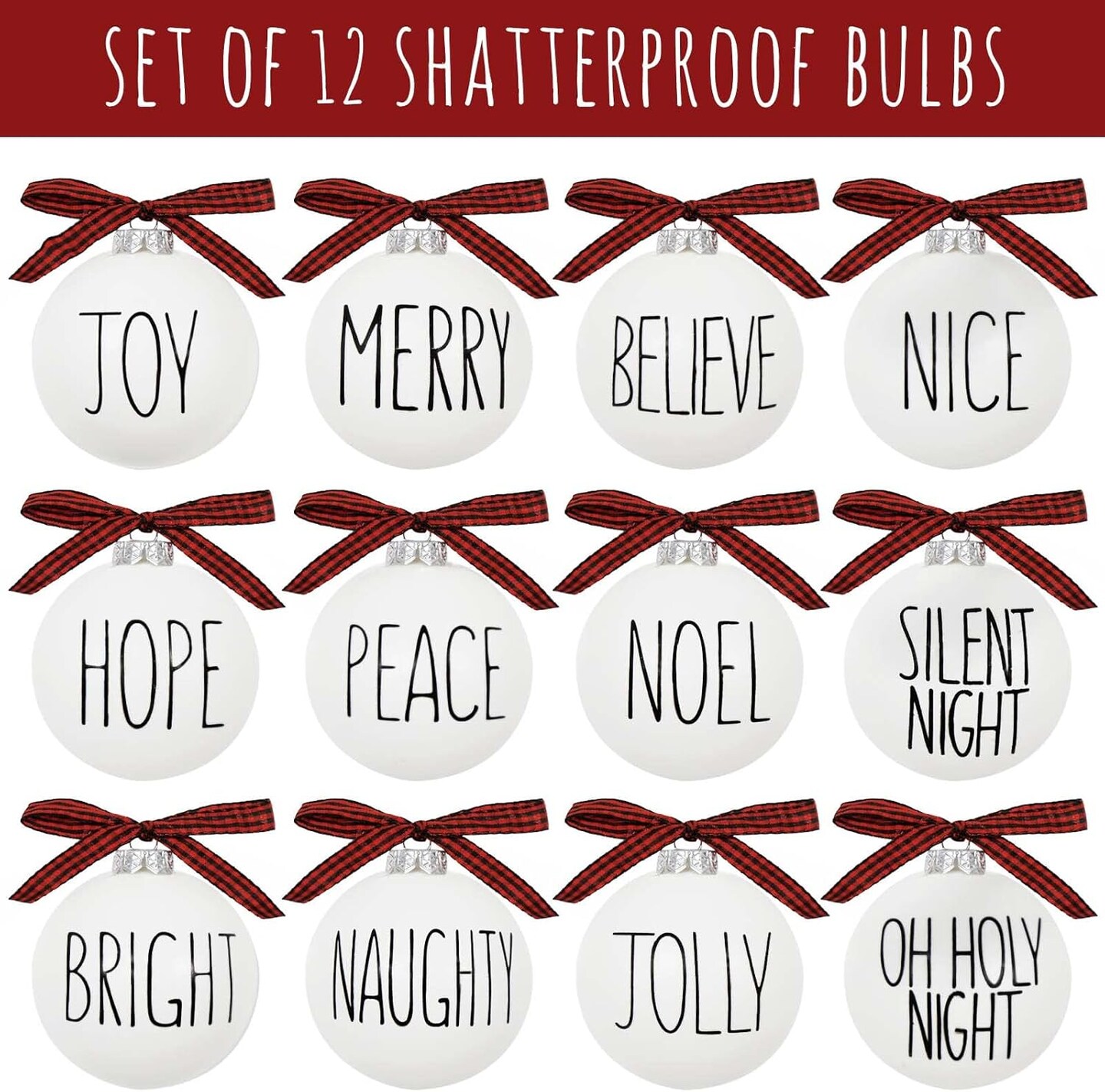 Christmas Ornaments - Set of 12 Shatterproof White Bulbs Adorned with Buffalo Plaid Bows - Rustic Farmhouse Christmas Tree Decorations for Xmas Tree Decor