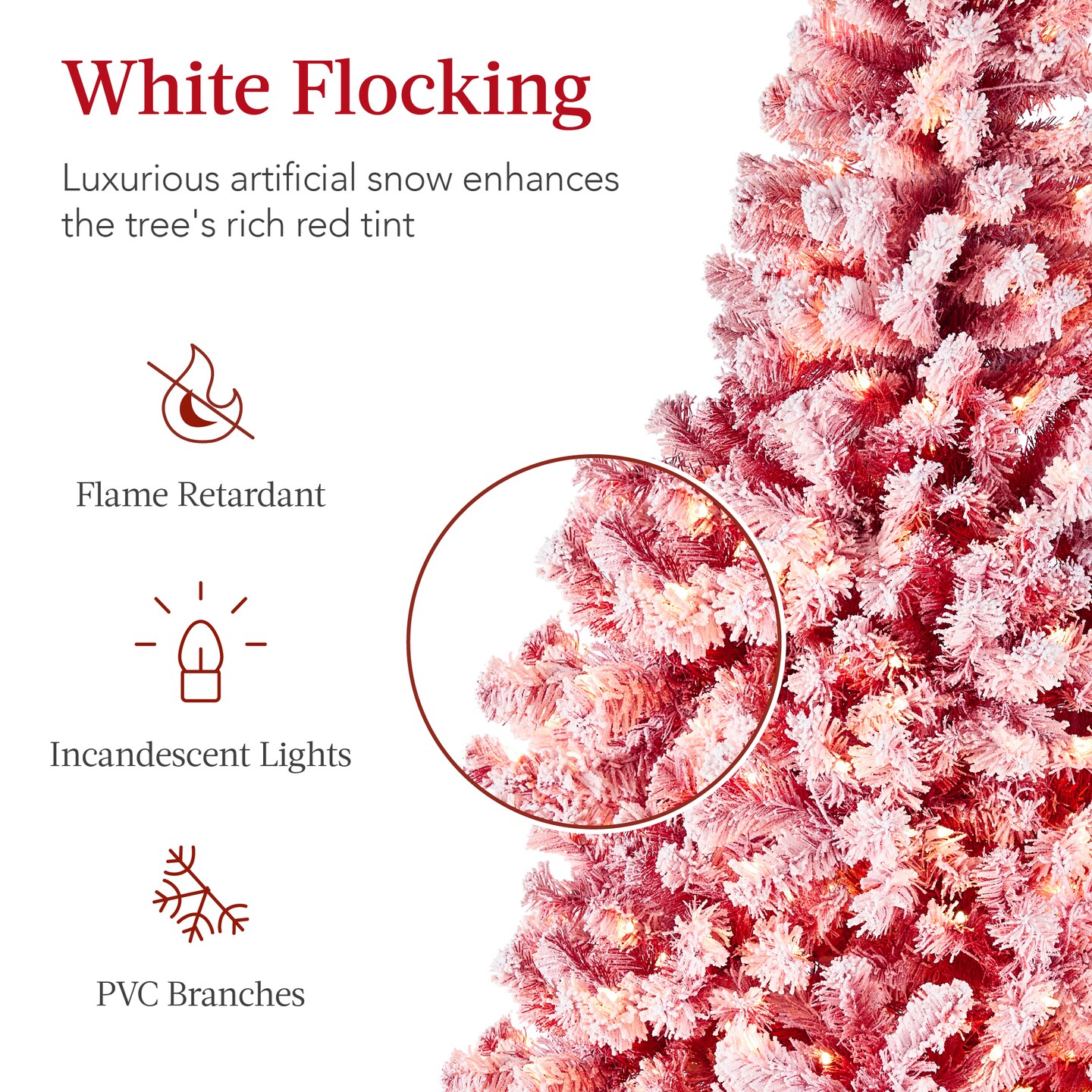 Best Choice Products Pre-Lit Red Christmas Pine Tree w/ Flocked Branches, Warm-White Lights