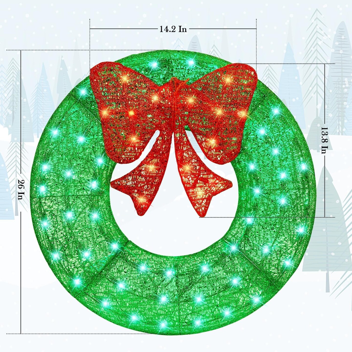 26 Inch Christmas Wreath, Outdoor Christmas Wreath Decoration, Lighted Xmas Wreath for Christmas Home Wall Door Decoration (Green)