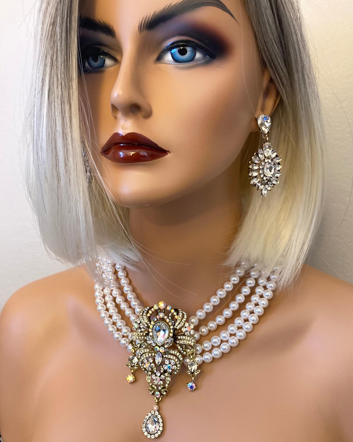 ★PEARLY MORE★ Swarovski Pearl Clip Holder Necklace Matrix pendant, Crystal pearl, Round cut, White, Rhodium