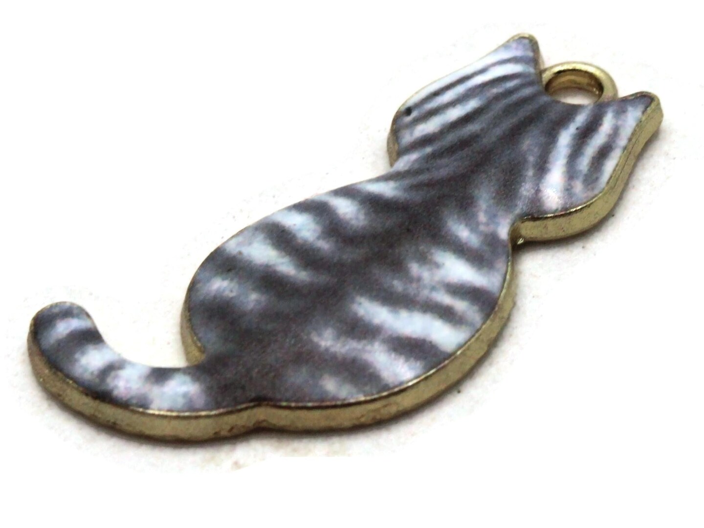 30mm Gray Striped Cat Enamel and Gold Tone Pendant