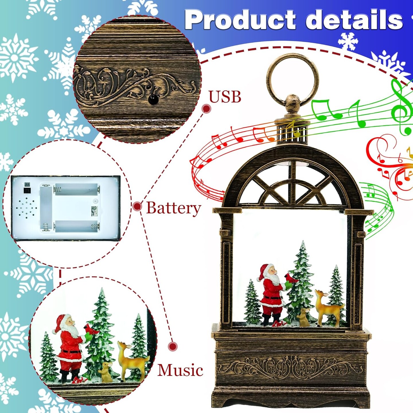 Christmas Snow Globe Lantern Swirling Glittering Santa Moose and Cardinal with Music,USB Lined or Battery Operated Lighted Water Lantern for Thanksgiving Christmas Decoration Gifts