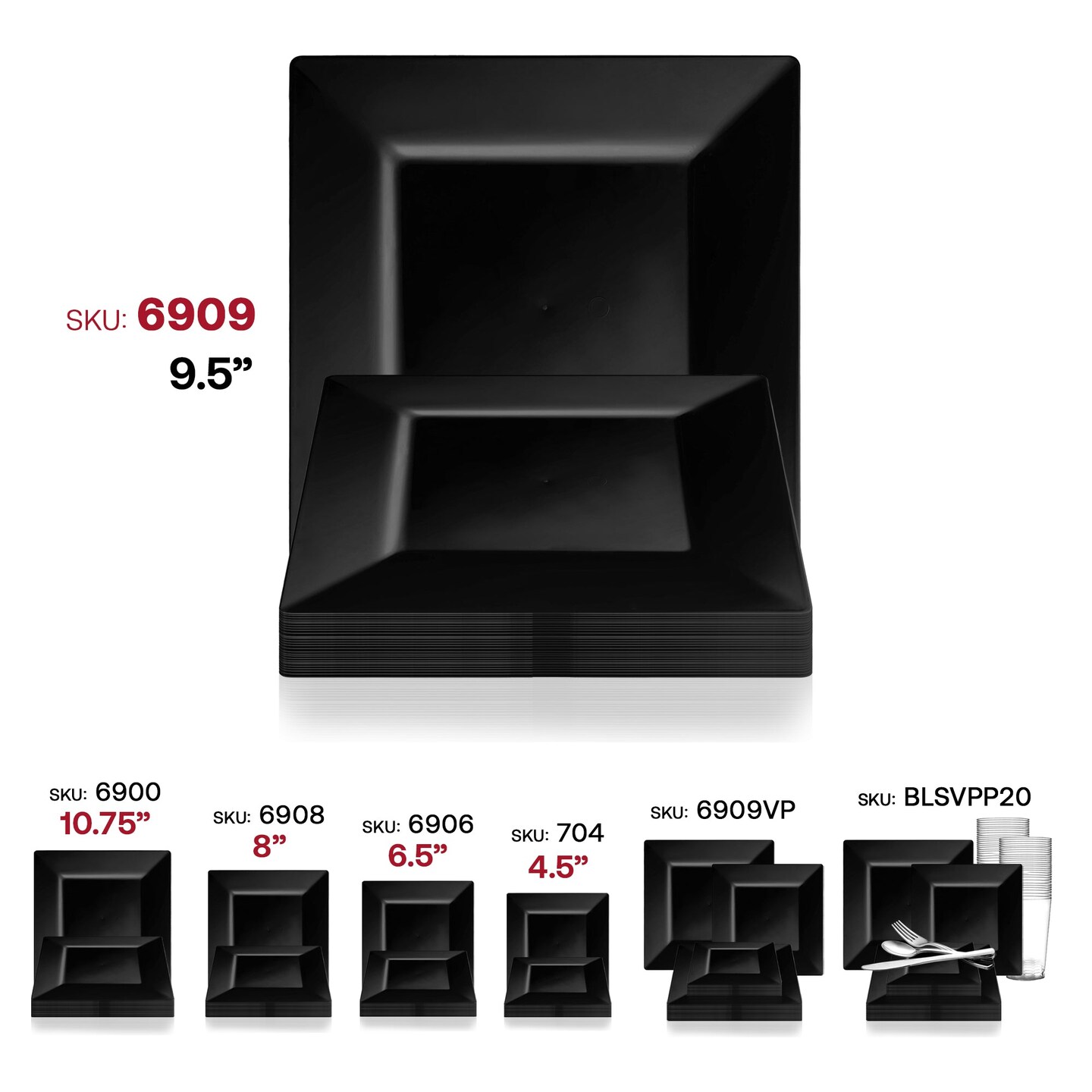 Black Square Plastic Dinner Plates - 9.5" (120 Plates)