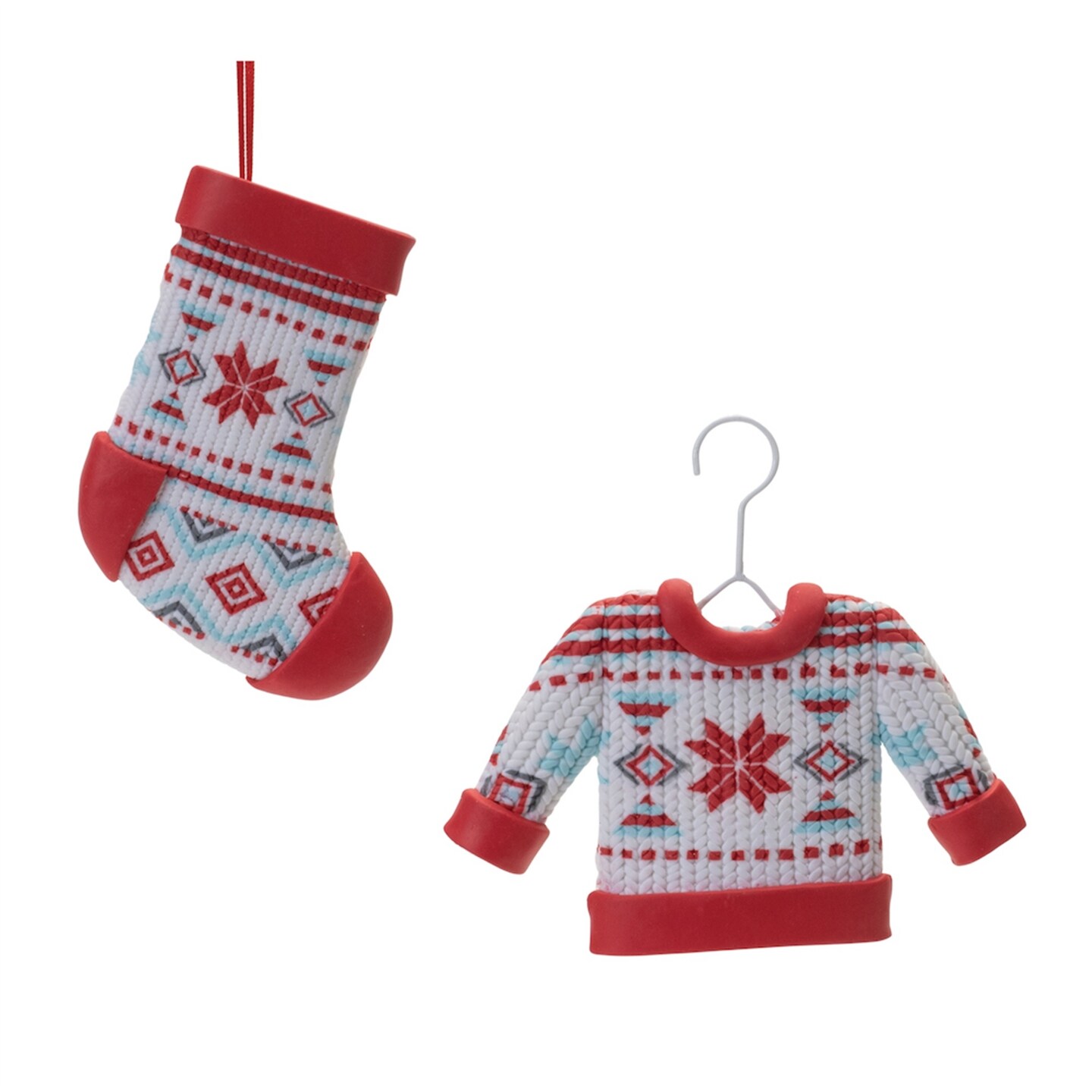 Melrose Nordic Stocking and Sweater Christmas Ornaments - 5.25&#x22; - Red and White - 12ct