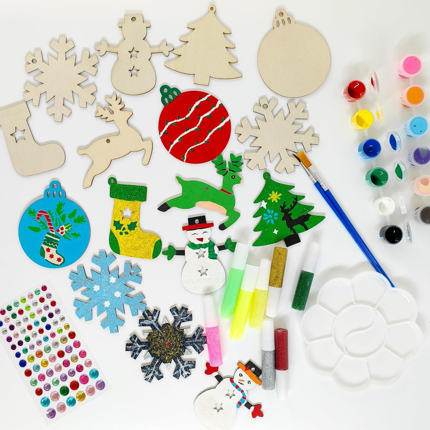 Wooden Christmas Ornaments for Crafts, Paint Your Own Xmas Ornaments, 60pcs Unfinished Wood Cutouts Painting Kit, DIY Ornament Crafts for Adults, Christmas Tree Hanging Decorations