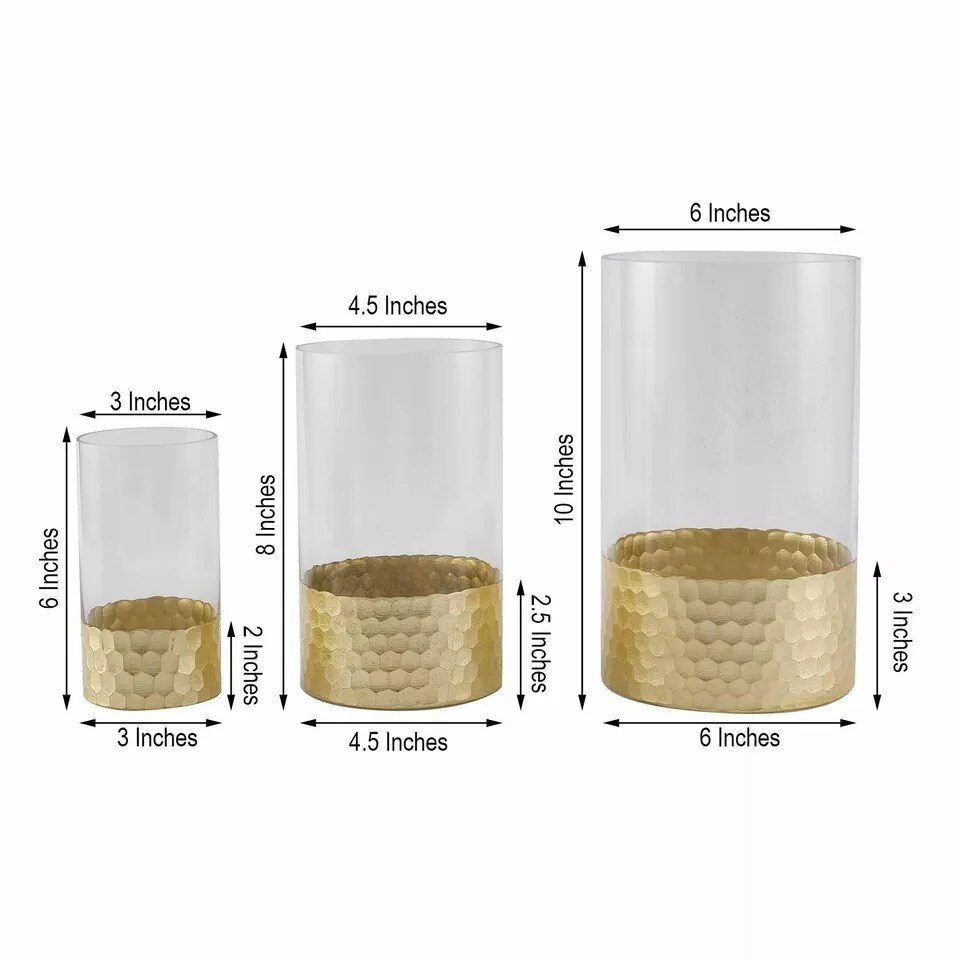 3 pcs Clear Gold Honeycomb Trim Glass Cylinder Vases Wedding Party