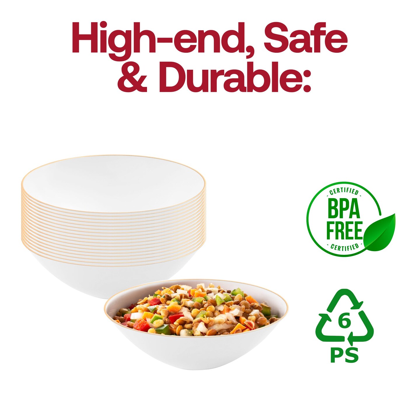 White with Gold Rim Organic Round Disposable Plastic Soup Bowls - 16 oz. (120 Bowls)