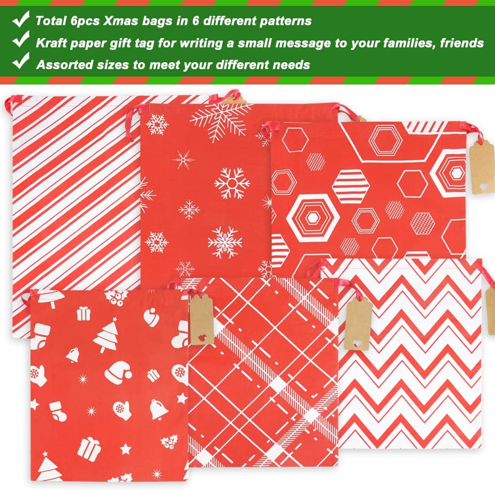 Fabric Drawstring Gift Bags Assorted, 6pcs Reusable Christmas Wrapping Sacks Cloth Pouches for Xmas Presents Party Favor