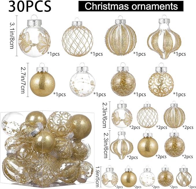 30pcs Shatterproof Plastic Decorative Christmas Ornaments Hanging Xmas Tree Baubles Set with Stuffed Delicate Glittering Decorations for Xmas Holiday (Gold)