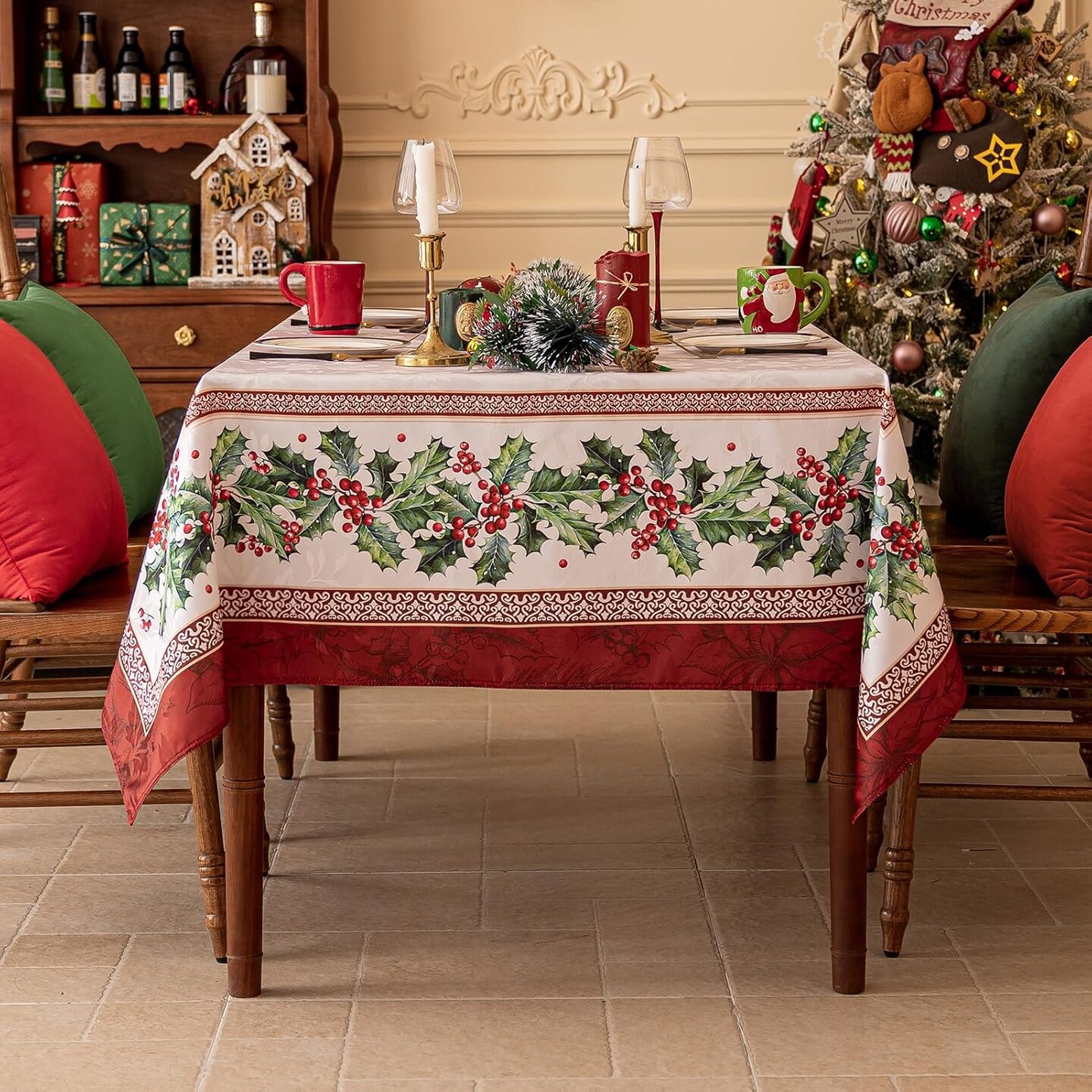 Christmas Jacquard Rectangle Tablecloth, Winter Holly Table Cloth, Heavy Weight Fabric Table Cover for Xmas Holiday, Dining, Party Decor, DHHolly 60 x 84 Inch