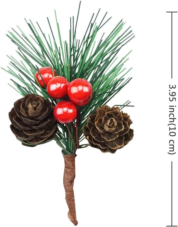 Red Berry Pinecones Pine Needles Stems Picks Artificial Winter Christmas Berries Decor for Crafts Christmas Garland and Holiday Wreath Ornaments, 20 Branch
