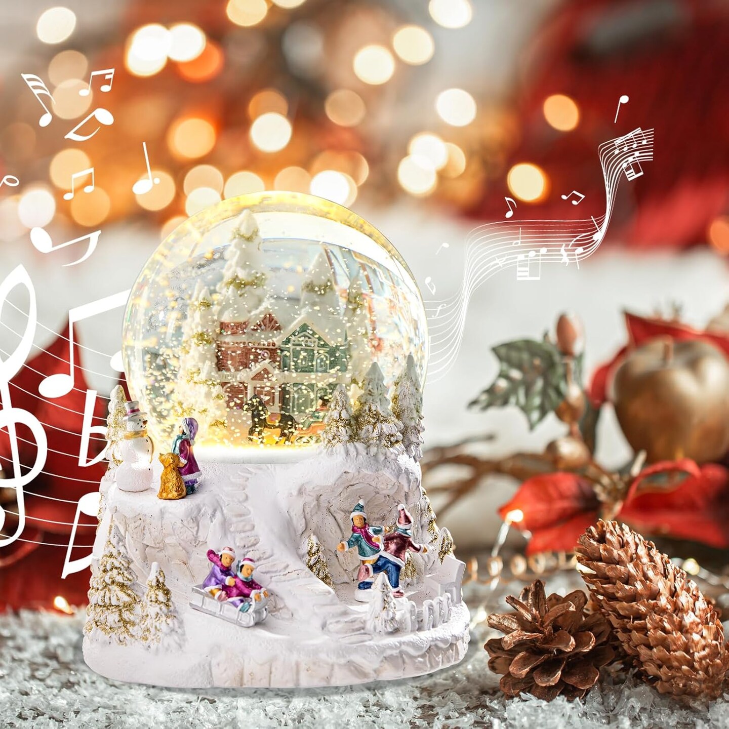 Christmas Snow Globes, Musical Snow Globes, White Christmas Lanterns Snow Globe Snowglobes with House,Dancing Kids,Children Skiing on Sledges and Snowman for Christmas Birthday Gift