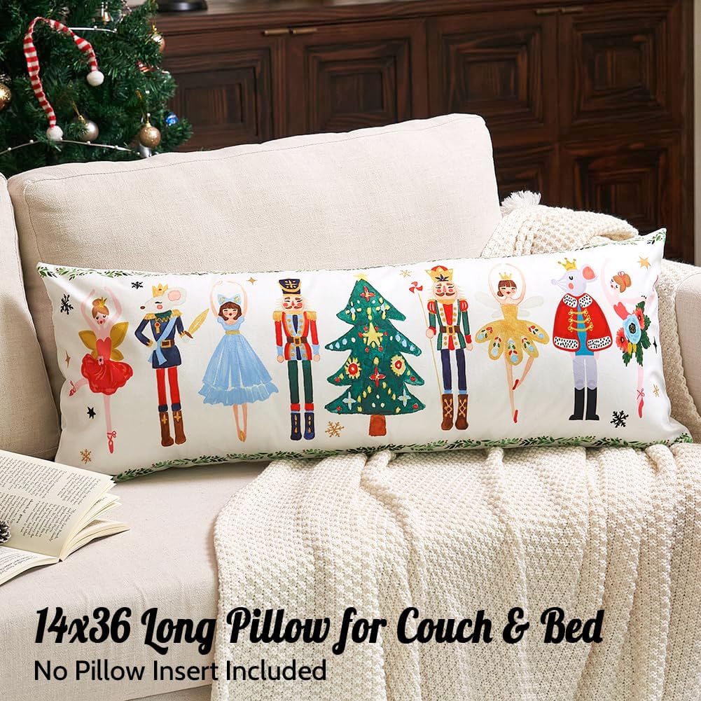 Cute Nutcracker Christmas Decor Long Lumbar Pillow Cover 14x36, 1 Pack 14 x 36 Christmas Tree Winter Holiday Pillow, Colorful Christmas Decor Body Long Throw Pillow Cover for Bed Couch