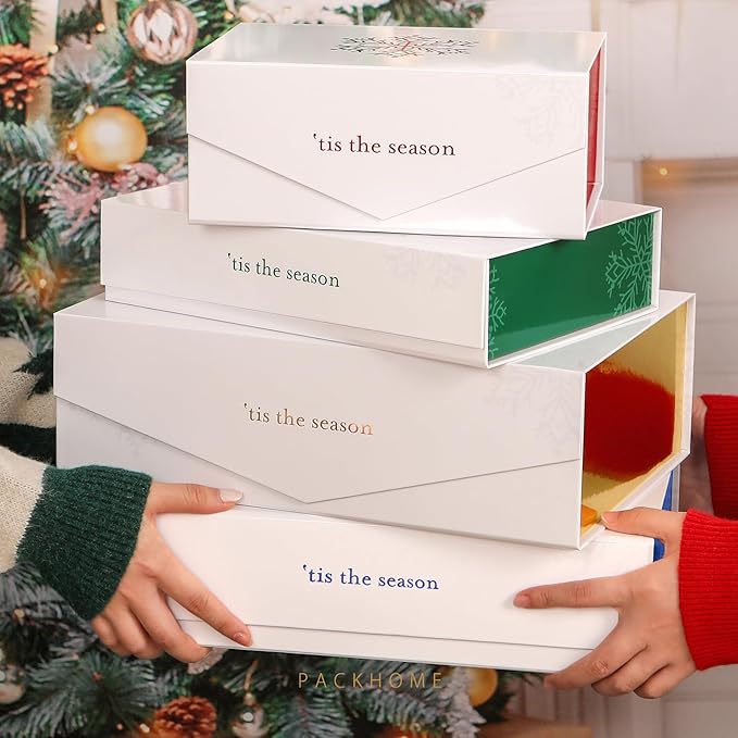 Christmas Gift Box 13x9.7x3.4 Inches, Large Gift Box with Lid, Sturdy Shirt Box with Magnetic Lid for Wrapping Gifts (Red Snowflake Pattern)