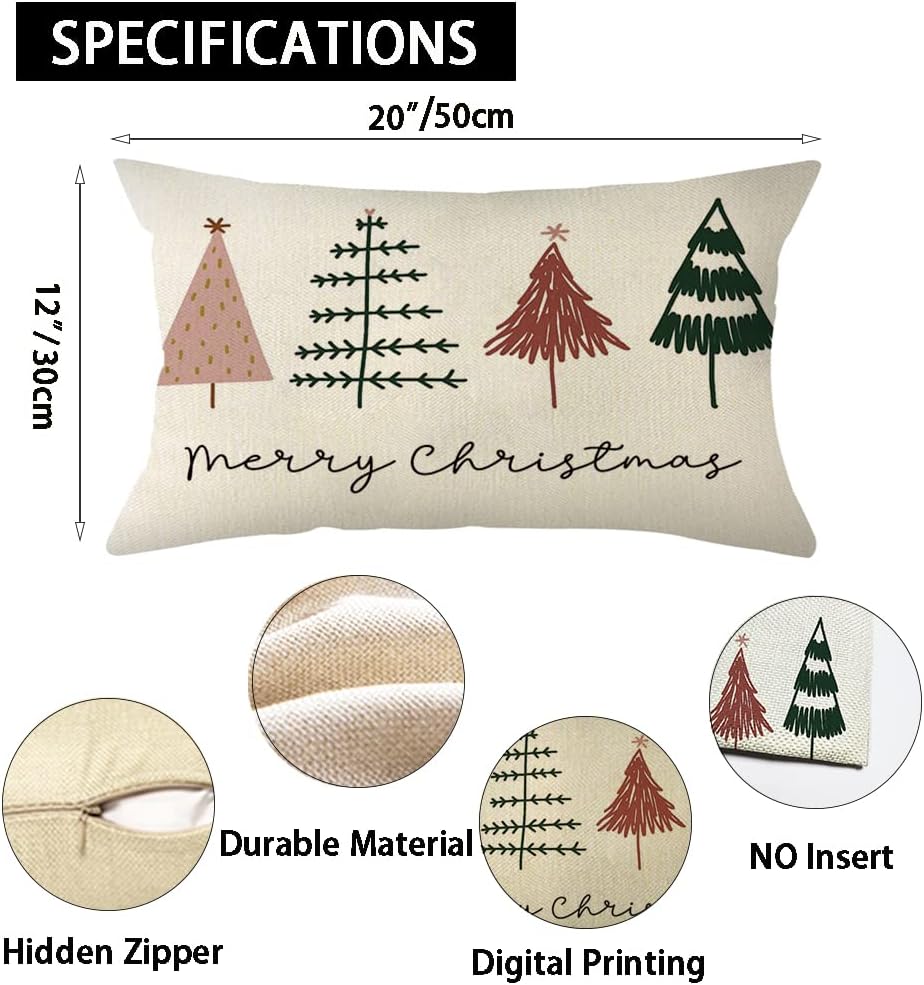 Watercolor Christmas Tree Throw Pillow Cover, 12 x 20 Inch Holiday Merry Christmas Cushion Case Decoration for Sofa Couch