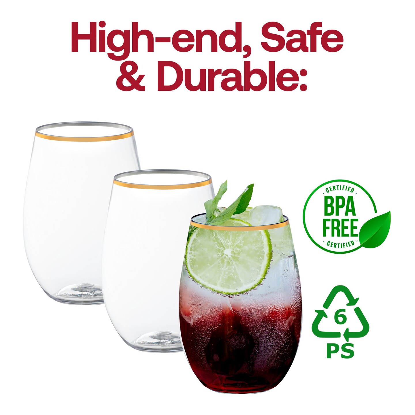 Clear with Gold Elegant Stemless Plastic Wine Glasses - 16 oz. (64 Glasses)