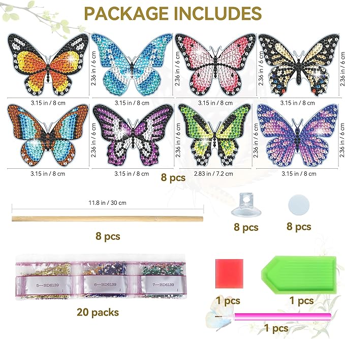 8 pieces of butterfly diamond painting kits, diamond art kits for garden decor, butterfly stakes diamond art kits for adults, adult crafts.