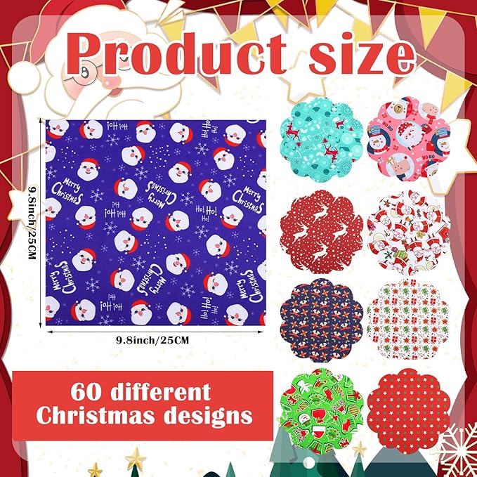 60 Pieces Christmas 10 x 10 Inch Fabric Bundles Sewing Quilting Fabric Happy Christmas Santa Claus Elk Snowflake Christmas Tree Printing Fabric Squares Craft Fabric for Patchwork Sewing DIY Party