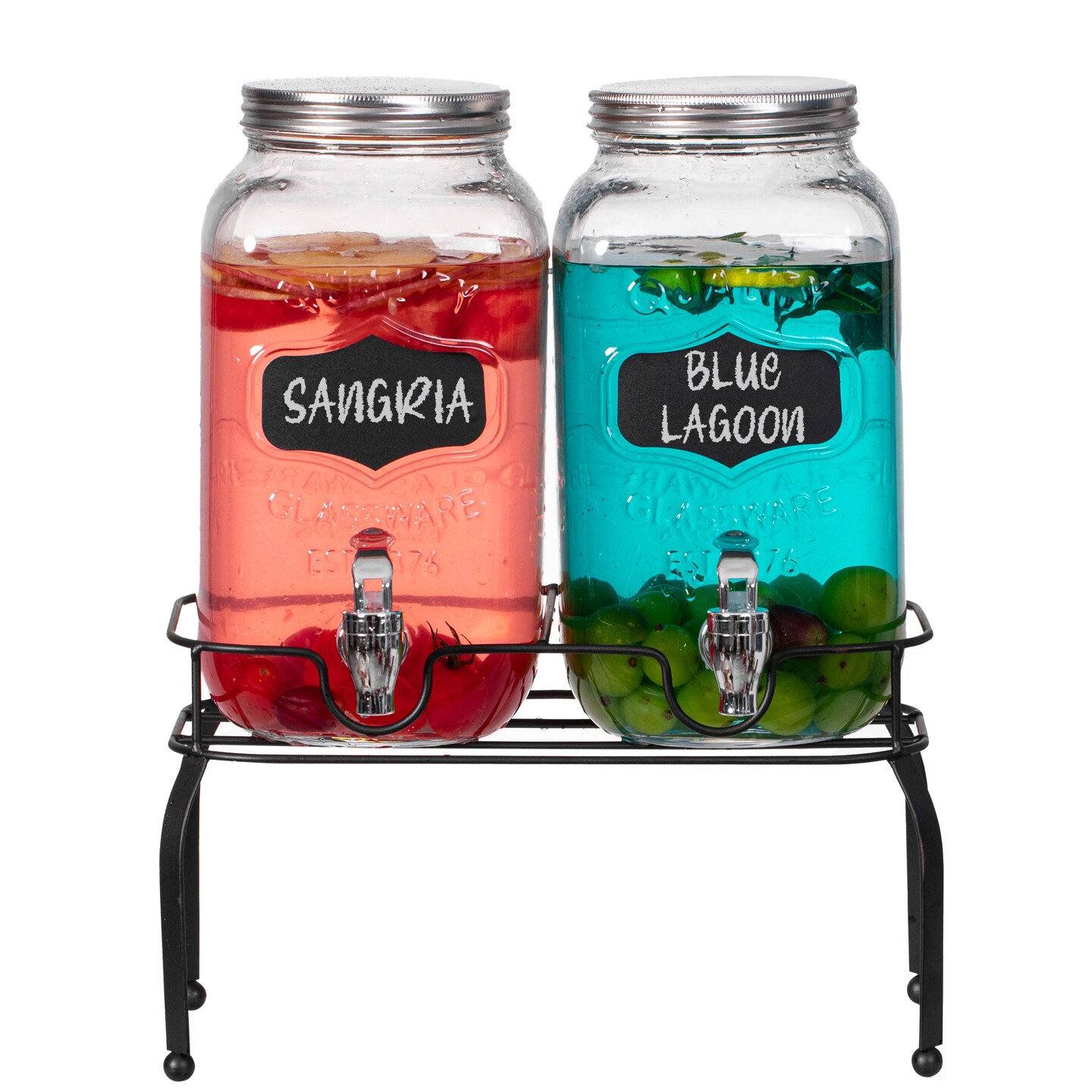 Basicwise 2-Pcs Glass Drink Dispenser Set - Ideal for Serving Beverages, Water, Lemonade and Juice at Picnics, Camping Trips, Wedding and Parties