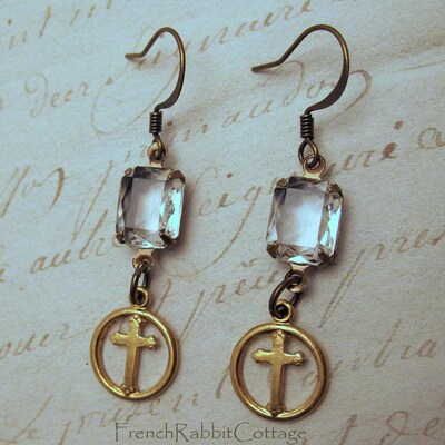 Petite Cross Vintage Rhinestone Dangle Earrings. Christian