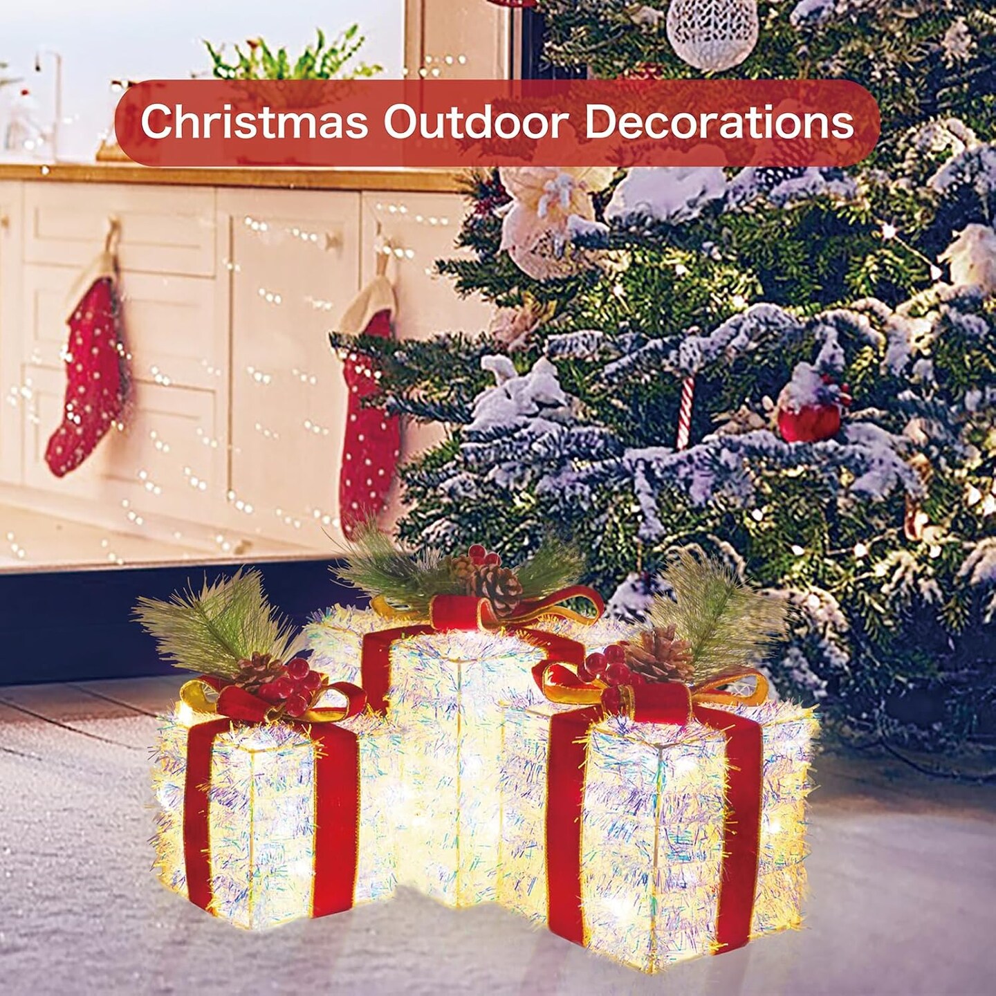 Set of 3 Christmas Lighted Gift Boxes, Pre-lit 60 LED Light Up Present Boxes Ornament for Christmas Decorations Indoor Outdoor Home Yard Xmas Tree Holiday Party Lawn Porch (Tinsel)