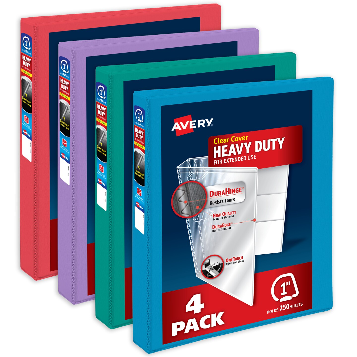 Avery Heavy-Duty View 3 Ring Binders, 1 Inch One Touch Slant Rings, 250-Sheet Capacity, DuraHinge, 1.4 Inch Wide Spine, Customizable Clear Cover and Spine, Bright Colors (4-Pack of 79630)