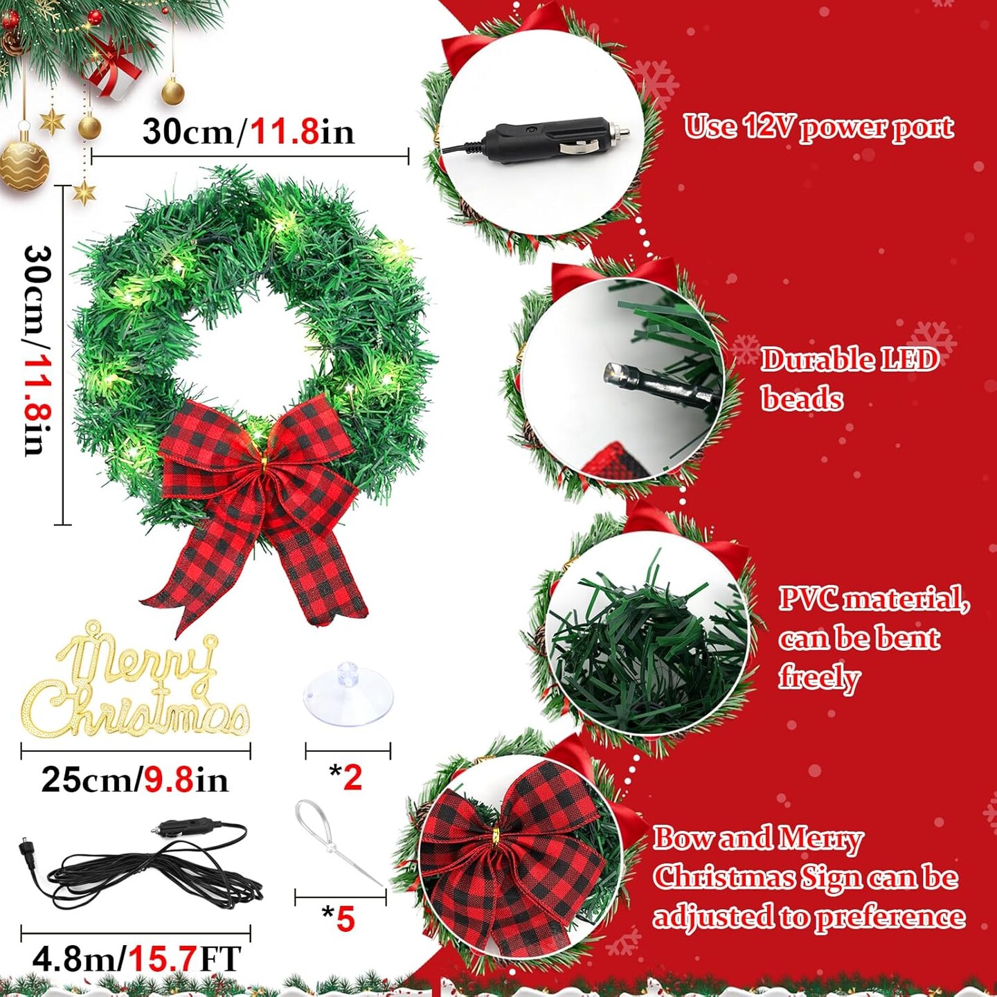 11.8" Christmas Car Wreath,Lighted Xmas Decoration for Car Front Grill,12V Plug-in Christmas Lighting Wreath with Bow for Trucks SUVs RVs