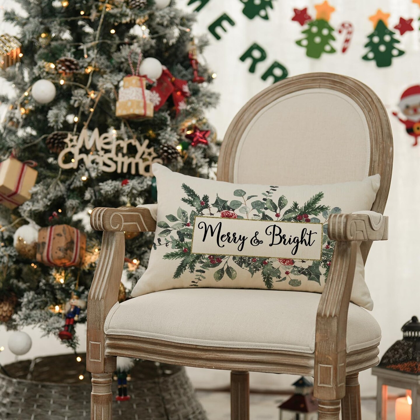 Colorlife Christmas Merry &#x26; Bright Eucalyptus Mistletoe Throw Pillow Cover, 12 x 20 Inch Winter Holiday Cushion Case Decoration for Sofa Couch