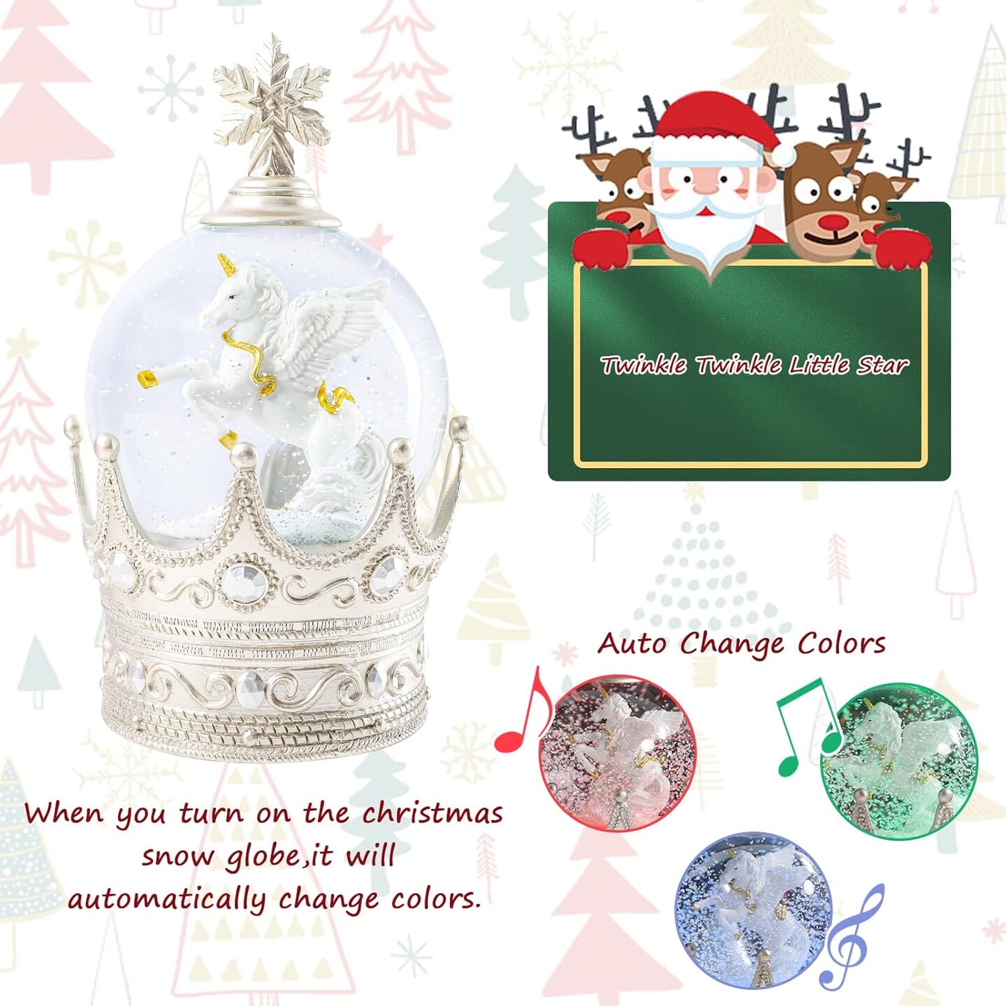 Christmas Snow Globe, Crown White Horse Musical Snowglobe with Swirling Glitter Snowflakes Lighted Christmas Decorations Tabletop Home D&#xE9;cor
