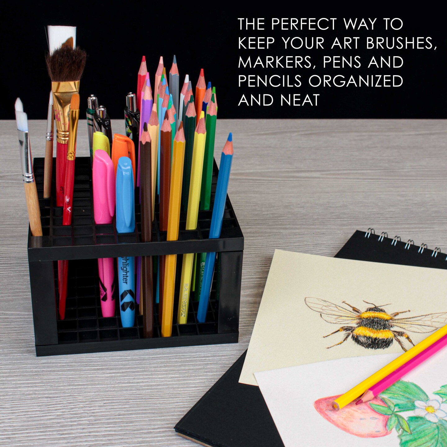 96 Hole Plastic Pencil &#x26; Brush Holder - Desk Stand Organizer Holder for Pens, Paint Brushes, Colored Pencils, Markers