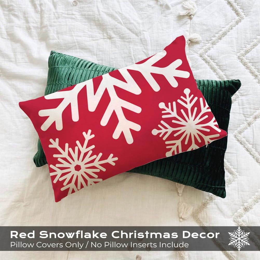 Red Christmas Snowflake Lumbar Pillow Covers 12x20 Set of 2, 12 x 20 Red and White Winter Holiday Throw Pillow Covers, Outdoor Rectangle Christmas Pillows for Porch (No Pillow Inserts)