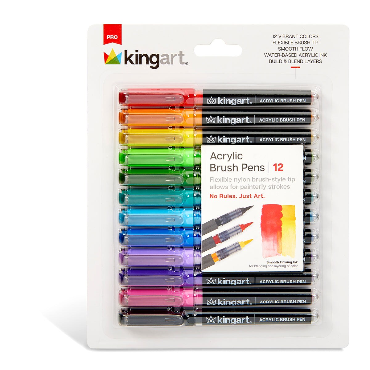 KINGART® PRO Acrylic Brush Pens, 12 Vibrant Colors, Flexible Brush Tip with Blendable Ink