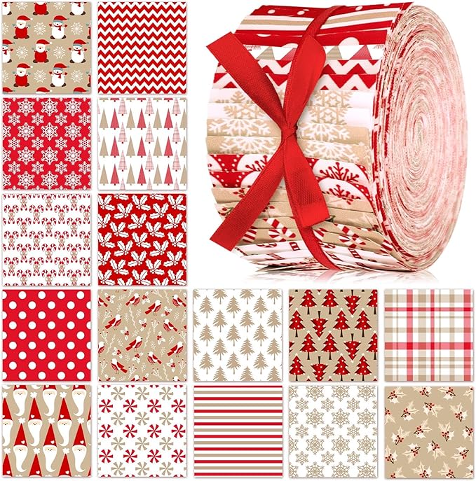 40 Pcs Hot Cocoa Christmas Quilting Fabric Jelly Fabric Squares Patchwork Roll 2.56 Inch Precut Red and White Snowflake Fabric Strips for Xmas Craft Sewing DIY