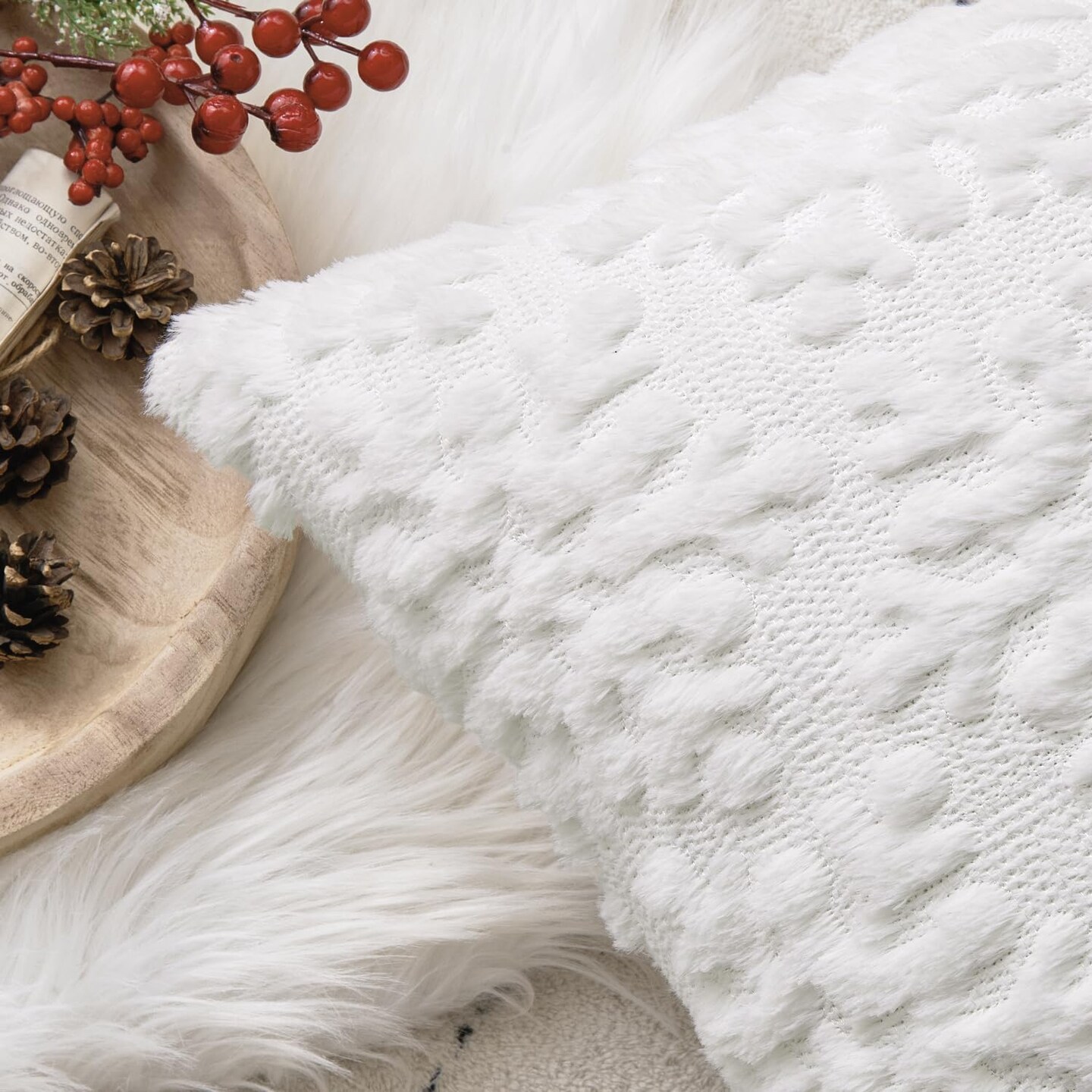 Pure White Throw Pillow Covers Set of 2 Christmas Snowflakes Decorative Pillow Covers 18x18 Inch Soft Plush Faux Wool Pillowcase Farmhouse Couch Pillows Home Decors for Sofa Livingroom Bed