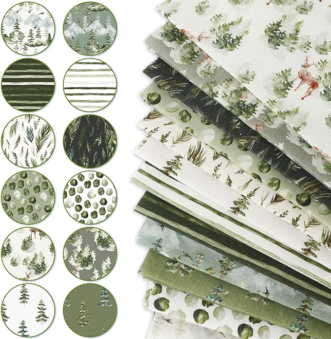 12Pcs 18&#x22; x 22&#x22; Christmas Fat Quarter Fabric Bundles Watercolor Green Christmas Tree Printed Quilting Patchwork Cotton Craft Fabric Pre-Cut Square Sheets for DIY Patchwork Sewing Crafting