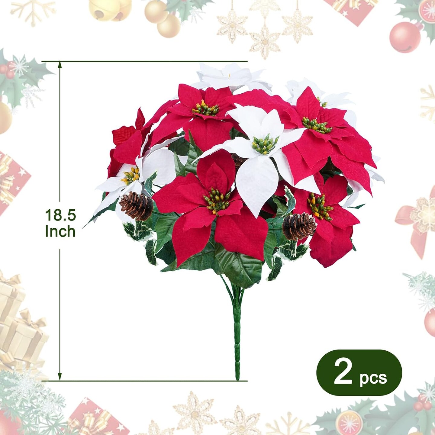 18.5&#x22; Christmas Flowers for Cemetery Faux Christmas Floral Arrangement with Faux Cone for Grave Centerpiece Home D&#xE9;cor